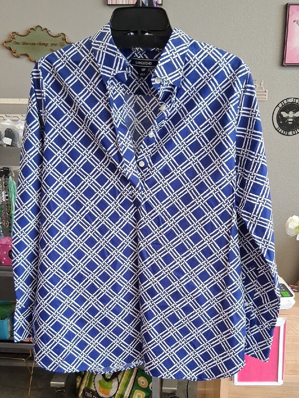 Lands' End Blue and White Lattice Button-Down Shirt